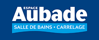 Espace Aubade : Spécialiste Salle de Bains et Carrelage Logo Espace Aubade blanc sur fond bleu, avec la mention "Salle de bains • Carrelage" sur un bandeau bleu clair.